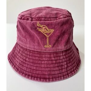 Magenta 100% Cotton Bucket Hat w/Gold Embroidered Legs In A Martini Unisex SM